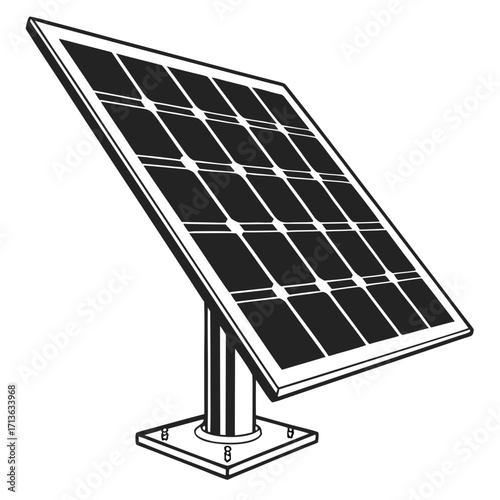 Vector art of a black and white illustration of a solar panel mounted on a stand