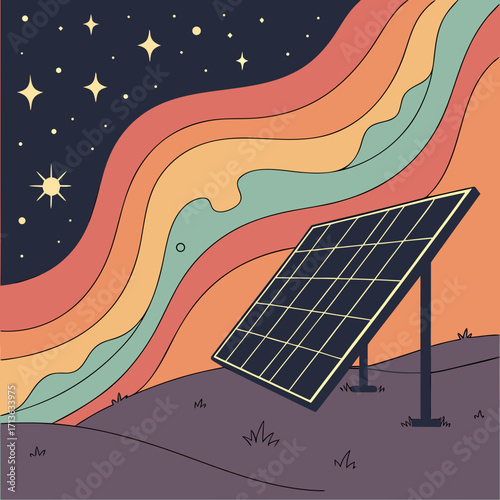 Vector art of solar panel under a starry night sky with colorful wavy lines representing energy or aurora borealis, concept of renewable energy