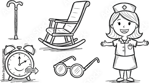 A drawing depicting a cane, a rocking chair, an alarm clock, glasses, and a nurse in black and white style