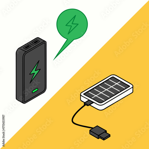 Vector art of portable solar charger powering up a power bank with a green lightning bolt symbol indicating energy transfer