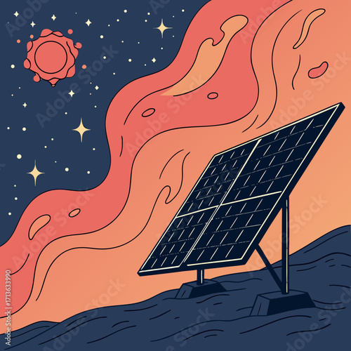 Vector art of solar panel under a starry sky with a stylized sun and wavy orange clouds, representing renewable energy and space exploration
