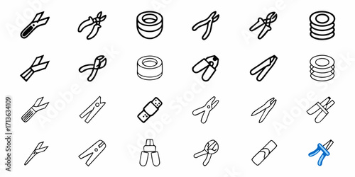 Depiction of assorted pliers, bandages, and stacked circular objects in a grid arrangement style