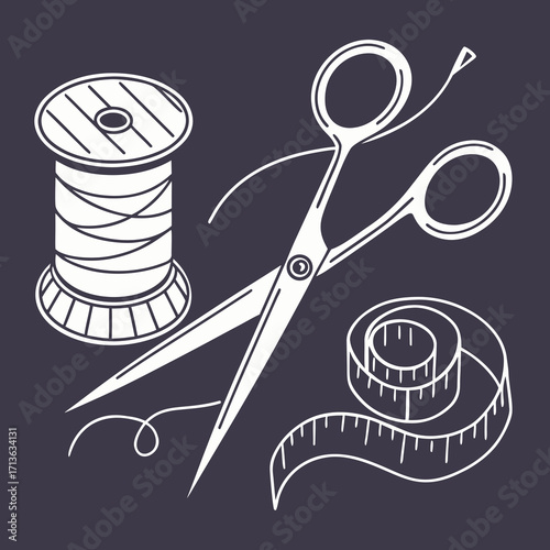 Vector art of a white line drawing of sewing tools including scissors, a spool of thread, and a measuring tape on a dark background