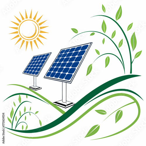 Vector art of solar panels with sun and green plant illustration, representing renewable energy and sustainability