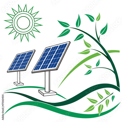 Vector art of solar panels and green plant, symbolizing renewable energy and environmental sustainability