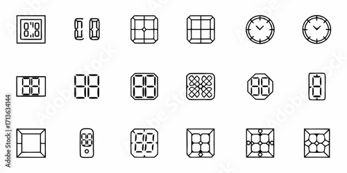 Illustration of various digital displays clocks and decorative square designs in black and white outline style
