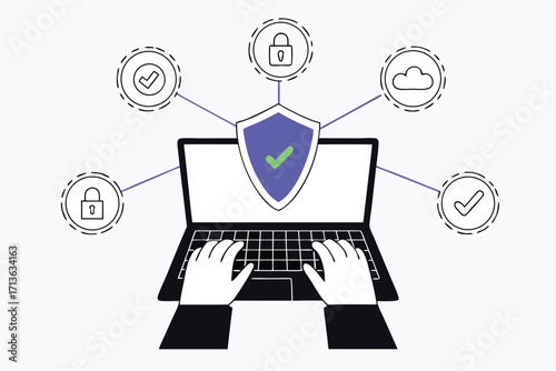 Secure your business with robust cybersecurity, featuring a laptop with a protective shield and cloud data safeguards for reliable digital defense