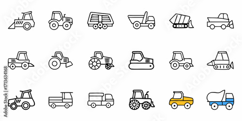 Collection of outline drawings featuring various types of construction and agricultural vehicles and trucks