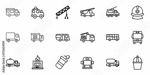 Collection of emergency vehicles and fire safety equipment in outline style isolated on a white background