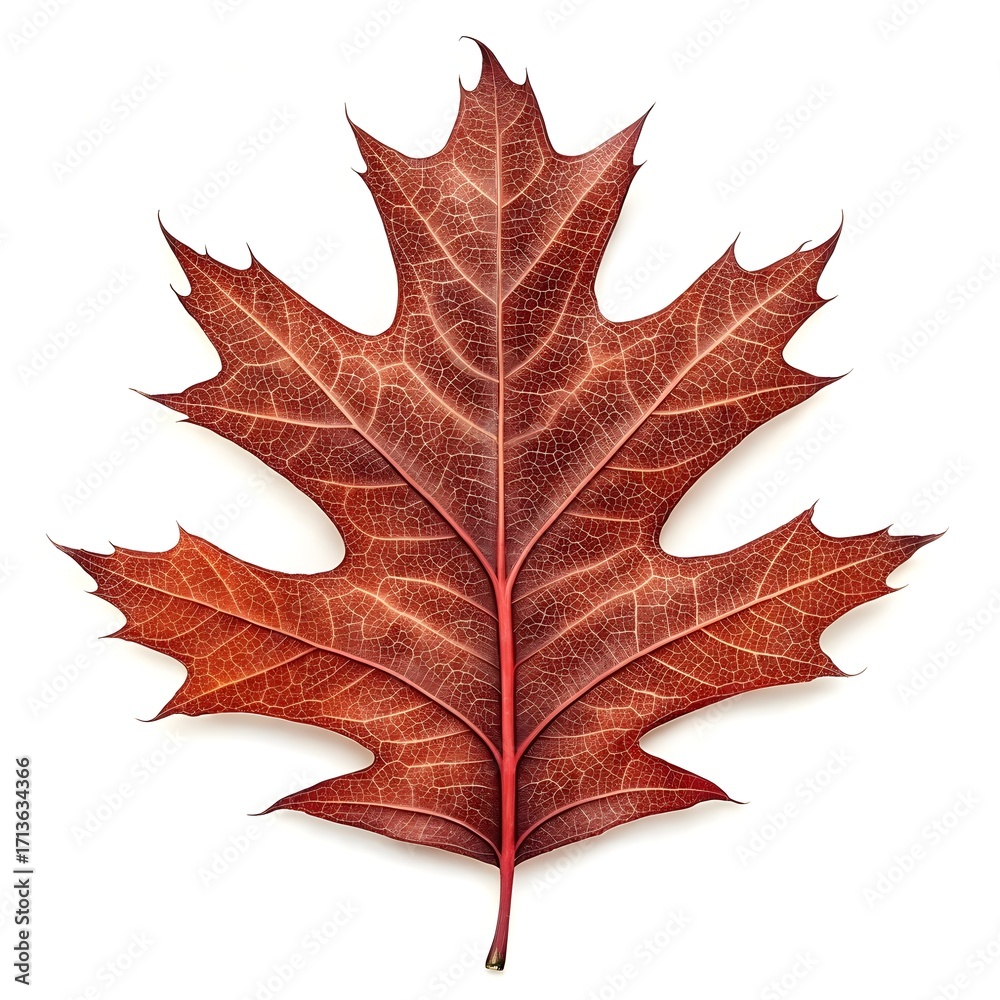 Naklejka premium Northern Red Oak Leaf Distinct Botanical Foliage with Classic Lobed Shape Deep Green Surface Bold Vein Patterns Natural Minimal Elegance and Fresh Organic Beauty on White Background