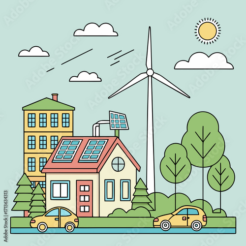 Vector art of ecofriendly cityscape with solar panels, wind turbine, green trees, and electric cars, representing sustainable energy and urban development