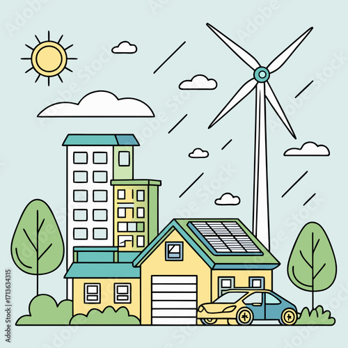 Vector art of ecofriendly cityscape with solar panels, wind turbine, electric car, and green buildings, representing sustainable energy and urban development
