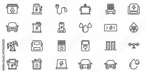 Collection of energy and power related icons including cars, batteries, and power transmission lines