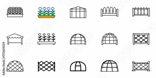 Collection of fifteen different greenhouse and garden structure outline icons in a grid pattern