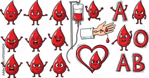 Cartoon blood drops with different expressions and blood types a b o ab and blood donation concept