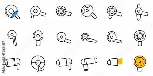 Collection of outline style hair dryer illustrations with different designs and color accents shown