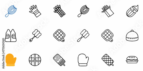 Illustration of kitchen and cooking related items including gloves and oven mitts and food items