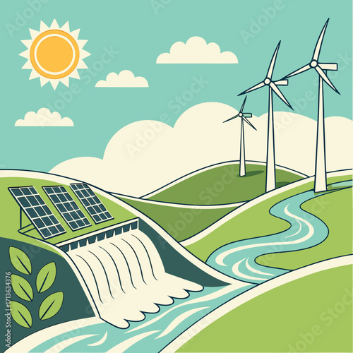 Vector art of renewable energy sources including solar panels, wind turbines, and a hydroelectric dam, set against a backdrop of rolling hills and a flowing river under a sunny sky