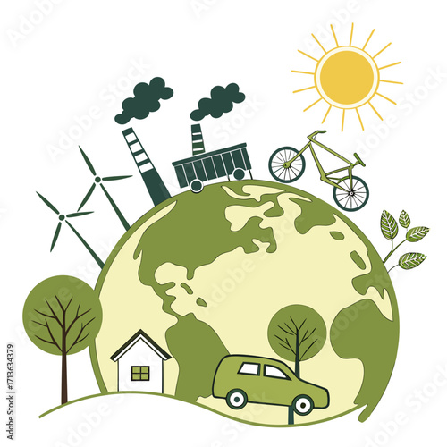 Vector art of ecofriendly transportation and renewable energy sources on a stylized planet earth