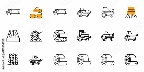 Illustration of agriculture equipment featuring tractors, hay bales, and farming machinery in a simple style