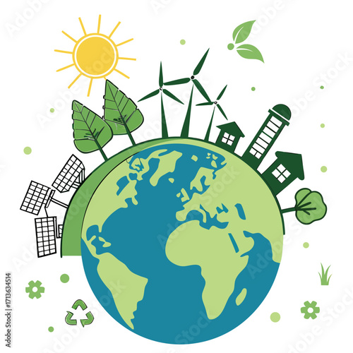 Vector art of ecofriendly planet earth with renewable energy sources like wind turbines and solar panels