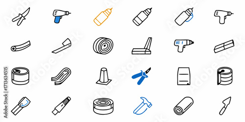 Illustration of various construction and repair tools including drills, pliers, and other equipment items