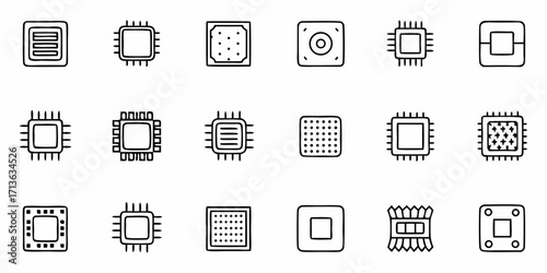 Collection of various computer chips and integrated circuits in outline style for electronic components use