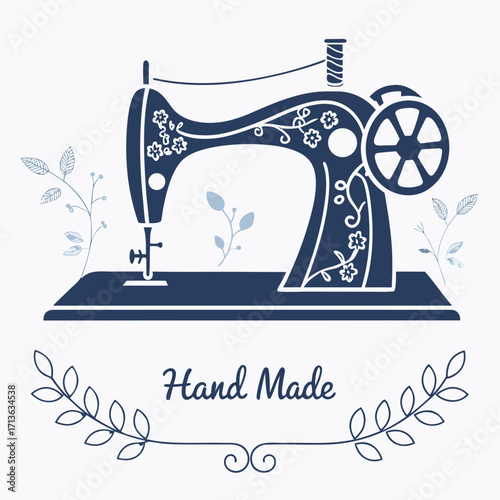 Vector art of vintage sewing machine with floral pattern and hand made text