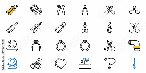 Illustration of various jewelry making tools and accessories arranged in a grid pattern format