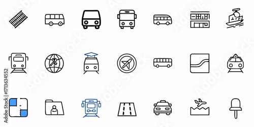 Illustration showcasing a variety of transportation modes and related travel icons in a simple line art style
