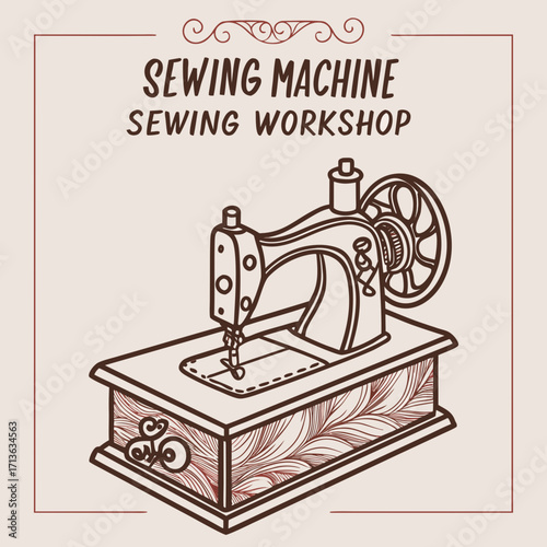 Vector art of vintage sewing machine illustration for a sewing workshop, handdrawn style