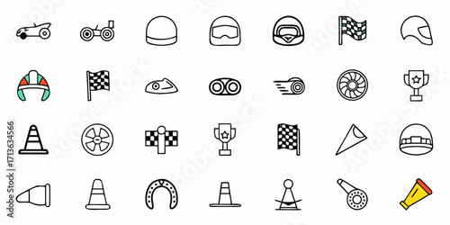 Depiction of various racing elements including helmets, flags, cars, and trophies in a collection of icons