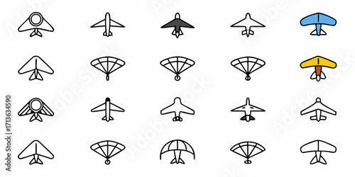 Collection of various stylized airplanes hang gliders and ultralight aircraft arranged in a grid pattern