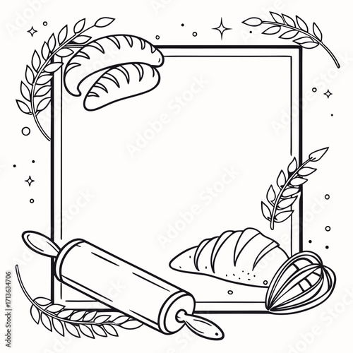 Vector art of hand drawn illustration of baking elements like bread, croissant, rolling pin, and whisk