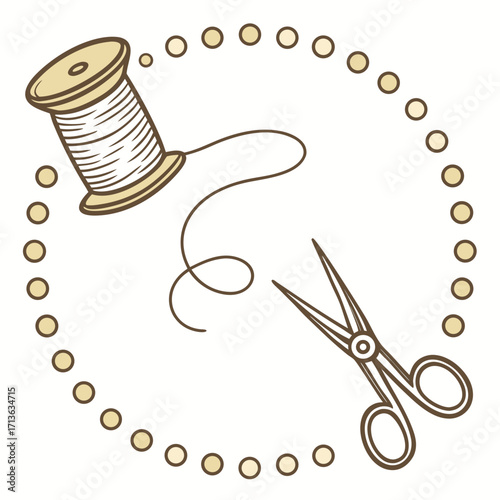 Illustration of a spool of thread and scissors