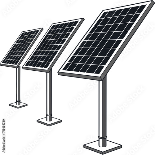 Vector art of three solar panels mounted on poles