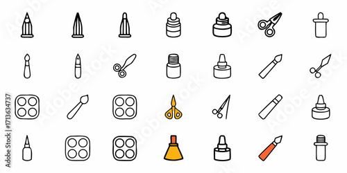 Illustration of art and craft supplies featuring pencils, scissors, paintbrushes and glue bottles neatly arranged