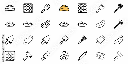 Illustration showing multiple baking related icons including bread and various cooking utensils tools