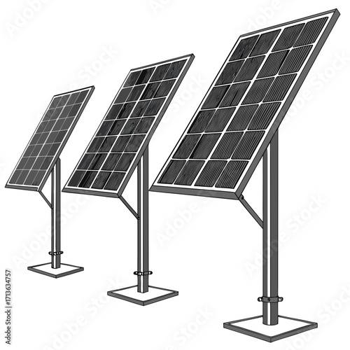 Vector art of three solar panels of varying sizes mounted on stands