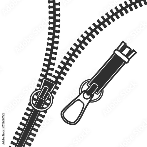 Vector art of close up of a black zipper with a pull tab isolated on a