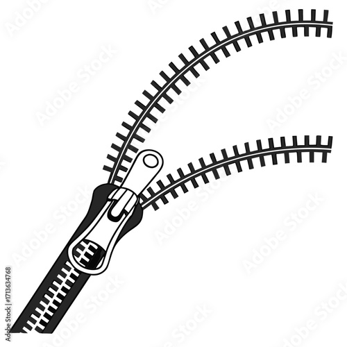 Vector art of a black and white illustration of a zipper partially open