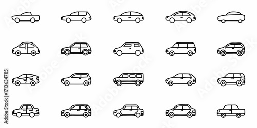 Collection of twenty different outlined car icons including sedans suvs and vans in a minimalist style design