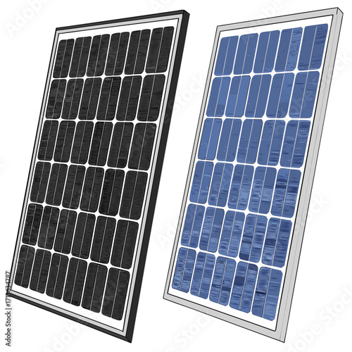 Vector art of two solar panels, one black and one blue, against a