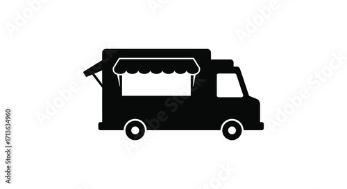 Simple black silhouette of a food truck with a serving window detail