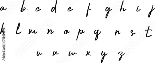 Stylish handwritten cursive alphabet lowercase letters in black ink design. Modern calligraphy font set perfect for typography, posters, and creative design projects. Ideal for branding and digital us