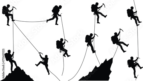 hBlack and white silhouette vector of mountain climbers with gear, teamwork, ropes, ice axes, ascending rugged peaks in challenging alpine terrain