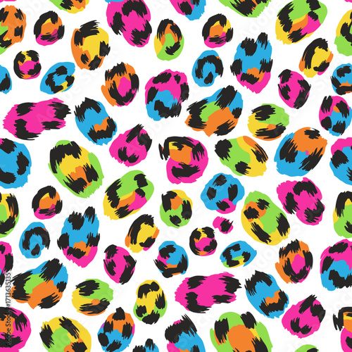 Colorful neon leopard print seamless pattern, Abstract vibrant animal skin vector background, Trendy 80s style cheetah spots texture for textile.