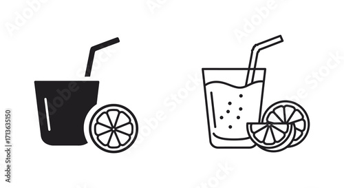 Two refreshing summer drinks with lemon slices in outline style