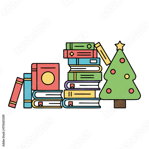 Stack of books with Christmas tree vector illustration, Holiday reading and winter book sale concept, Education and knowledge for Christmas season icon.
