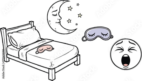 A cartoon image depicting a bed with a sleep mask, a moon, stars, another mask, and a yawning face